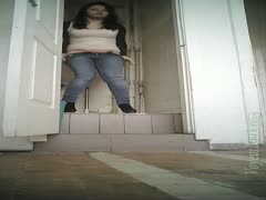 A young, attractive, lustful, dark-brown, white wife wearing jeans flashes her pussy in the bathroom.